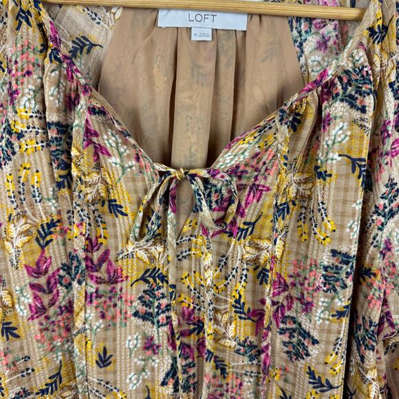 Loft Womens Floral Tie Neck Blouse in Amber Sz M Office Boho Casual Peasant Fall - Picture 6 of 16